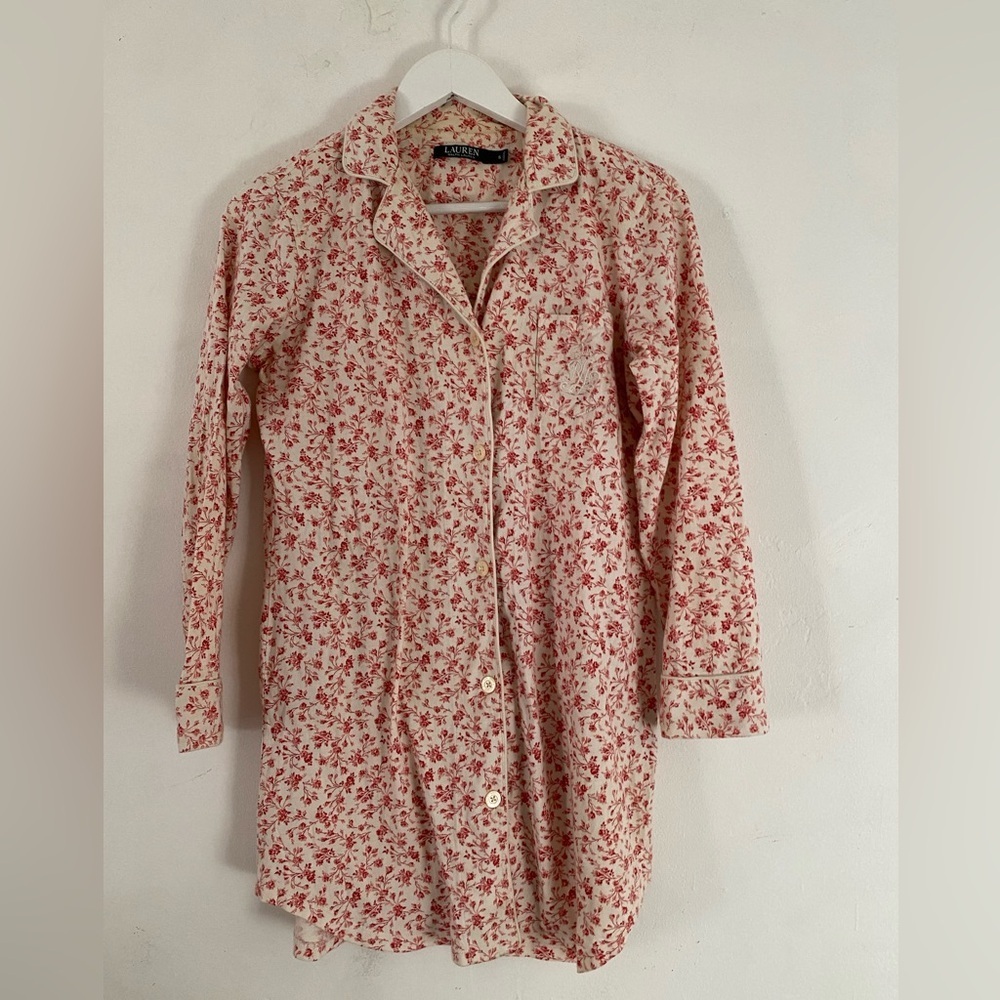 Lauren Ralph Lauren Cream Nightshirt Red Pink Floral Print cotton